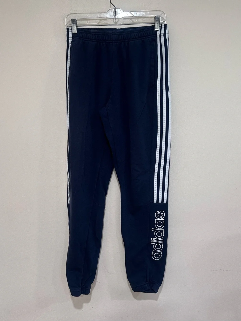 adidas navy  men’s Joggers with White Three-Stripes. Size M